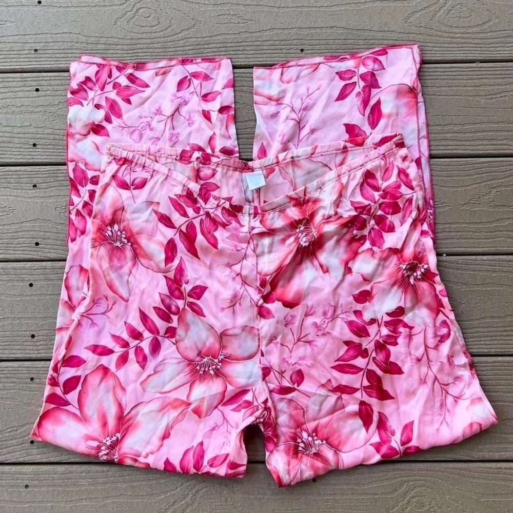 Vintage 100% Silk Pink Floral Lightweight Pants Size‎ Large Wide Leg Vacation